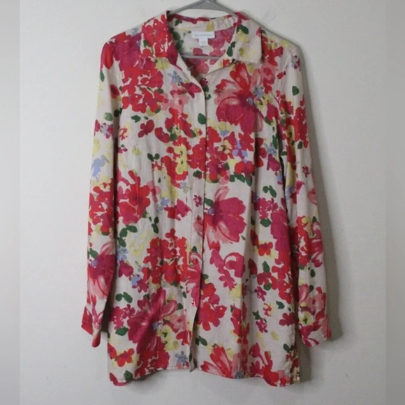 Charter Club L Floral Button Down Linen Top with Belt Loops - Missing Belt - Picture 1 of 9
